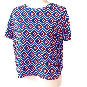 Zara T-Shirt Short Sleeve Colorful Crew Neck S Blue Red White Retro Aztec Artsy